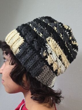 Handmade Multicolor Knit Beanie - Black, Cream & Gray